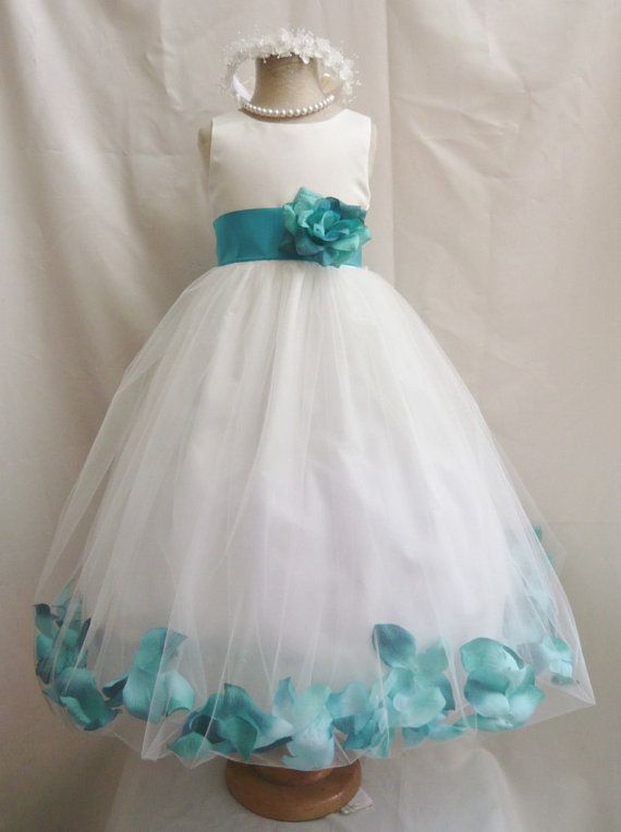 Flower Girl Dress IVORY/Teal PETAL Wedding Children Easter Bridesmaid Communion Teal Silver Red Cherry Red Apple Lilac Orange