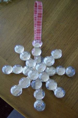 Glue Popsicle sticks together to form a snowflake shape. Glue buttons, jems or Pom poms on that to create a beautiful snowflake