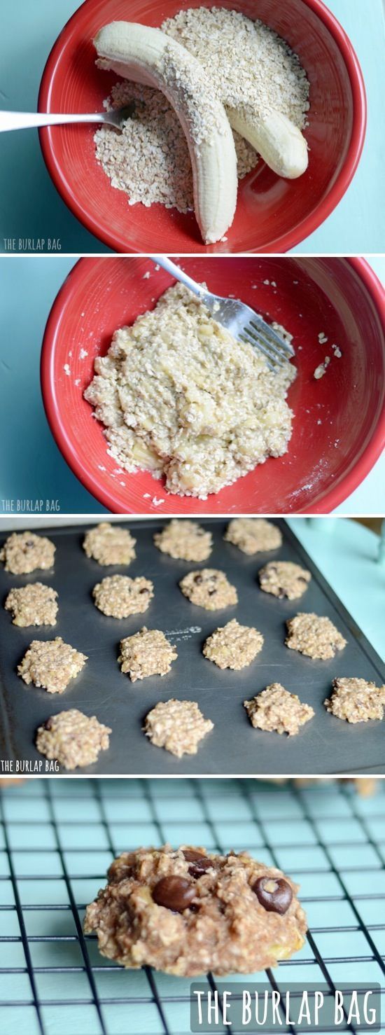 healthy three ingredient cookies – 2 large bananas, 1 cup of quick oats, and some chocolate chips baked at 350 degrees for 15