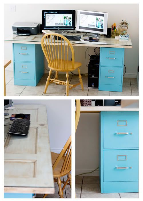 Homemade file cabinet desk, the top is old door..I made this for myself before i saw it on here! Mine is a brown natural wood tho