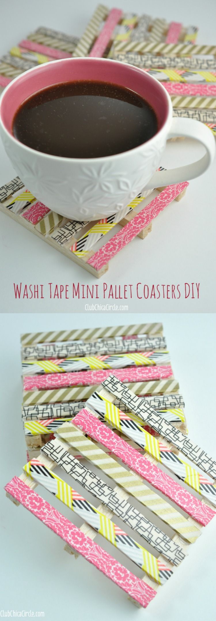 Pauline shows you how to create mini wood pallet DIY coasters using popsicle sticks, small wood piece and washi tape. So cute and