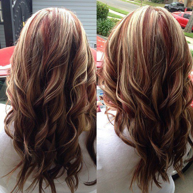 Red-Brown Two-Toned Hair Color | Red highlights with blonde and brown lowlights.