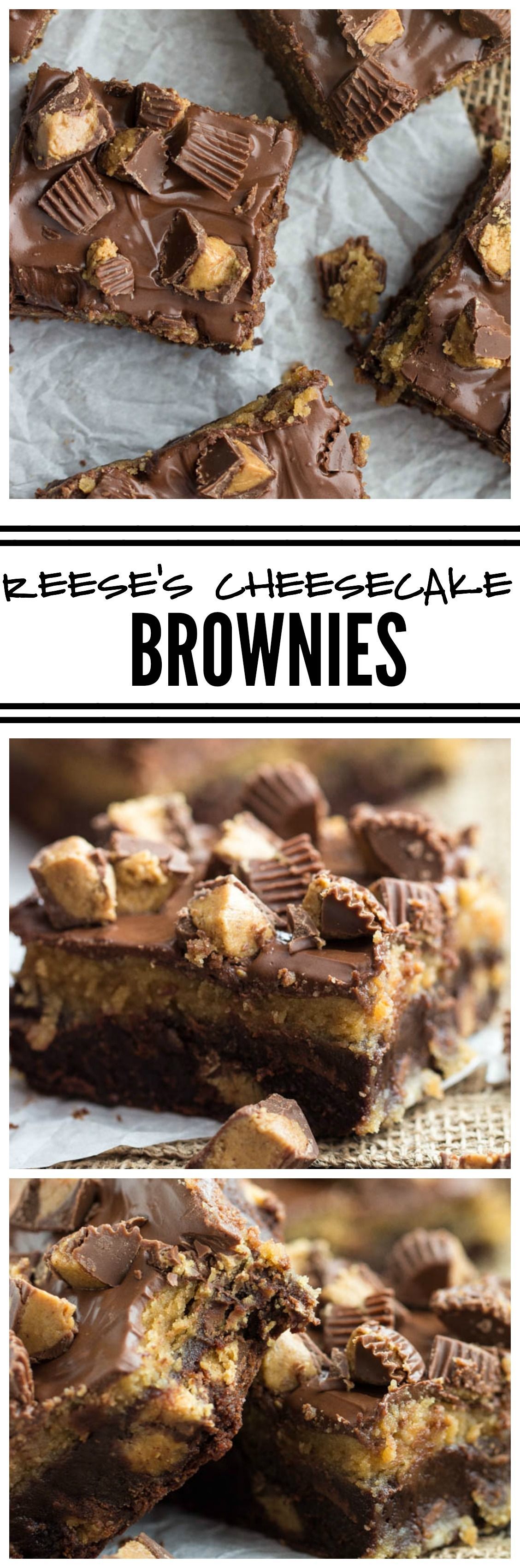 Reeses Cheesecake Brownies are for the ultimate Reeses lover! A fudgy brownie layer stuffed with peanut butter cups and a creamy