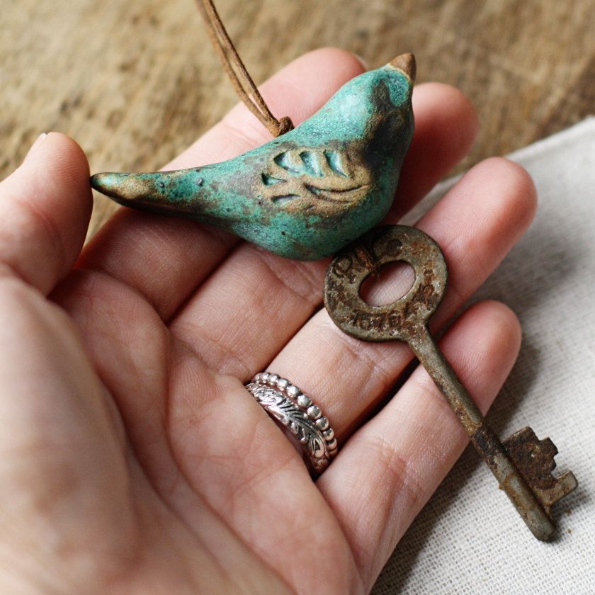 Rustic Folk Bird ornament with key