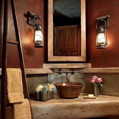 Small Rustic Bathroom – Lantern lights, stone counter