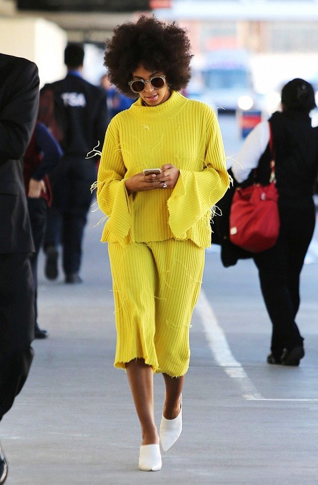 Solange Knowles rocks a neon knit-on-knit outfit with white leather mules