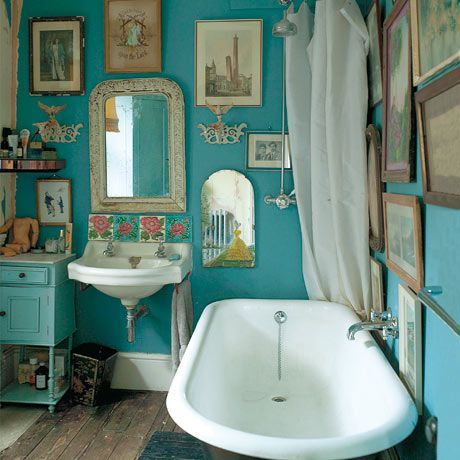 “The bathroom is a gloriously feminine, mismatched space. I wanted to avoid a cold, sterile room, Kornstein says. Its filled with