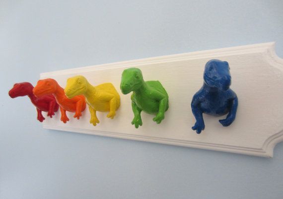 Upcycled Toy Wall Peg Rack with Rainbow Dinosaur by fbstudiovt Susies note to self: How about train fronts on a strip of rail road