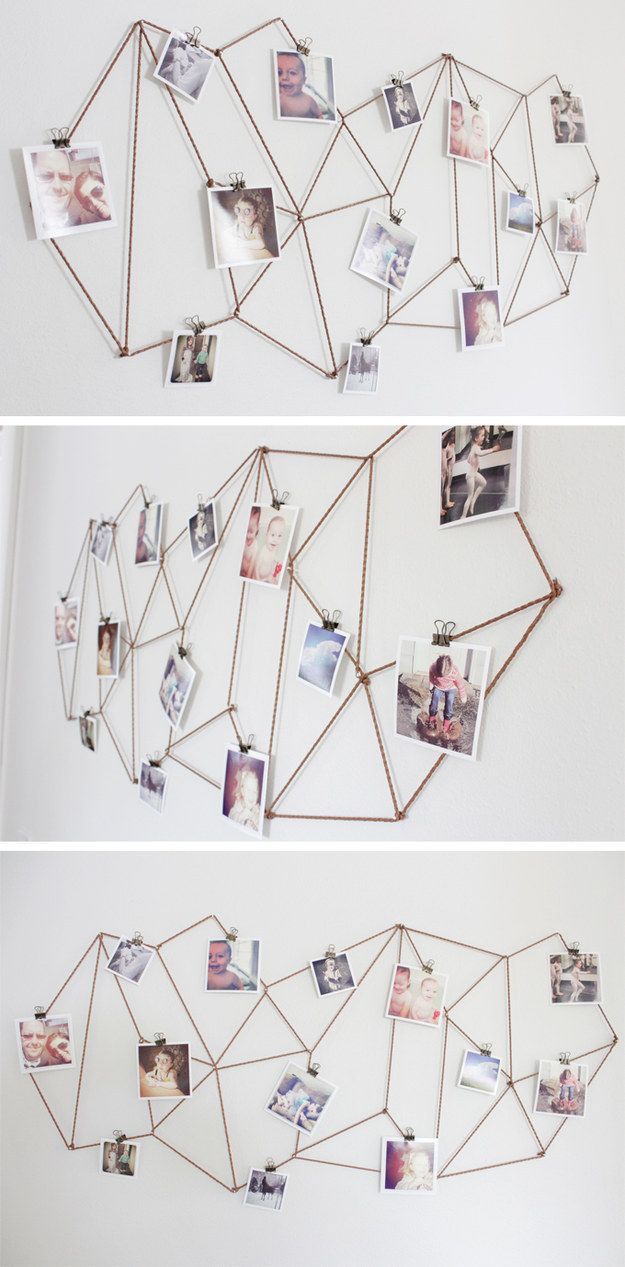 Use twine to create this modern geometric display. | 27 Unique Photo Display Ideas That Will Bring Your Memories To Life