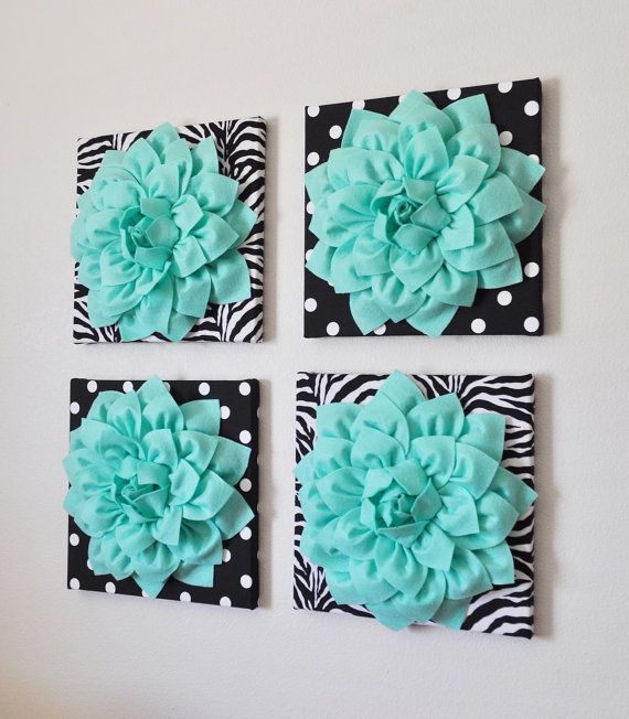 Wall Decor -SET OF FOUR Mint Dahlias on Black and White Prints 12 x12″ Canvases Wall Art- on Etsy, $120.00