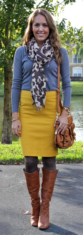 Yellow pencil skirt, brown boots, tights, gray top, patterned scarf