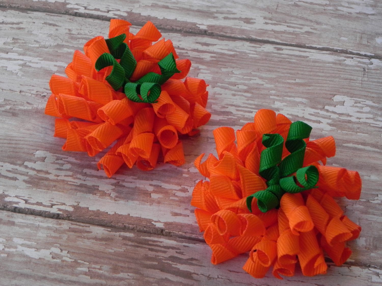 2 Pumpkin Korker Hair Bows – Halloween, Thanksgiving, Autumn – Orange, Green – Piggy, Ponytails – Jack-o-Lantern – by