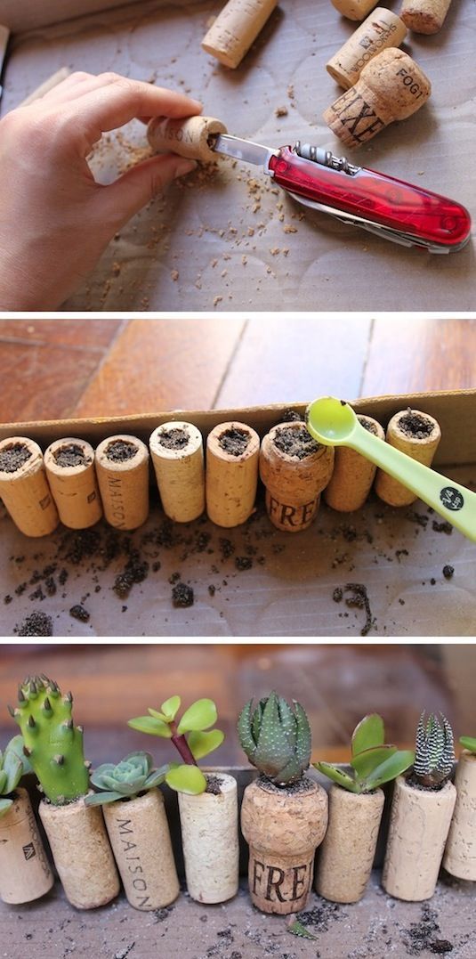 24 Creative Garden Container Ideas | Wine cork planters! Glue a magnet on the back and display them on your fridge.