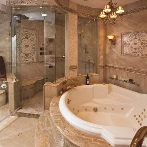 50 Amazing Bathroom Bathtub Ideas – Dont like the overly ornate decor, but love the jetted tub and huge walk-in shower!