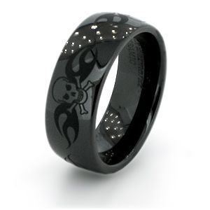 8mm Domed Black Ceramic Ring with Skull Design