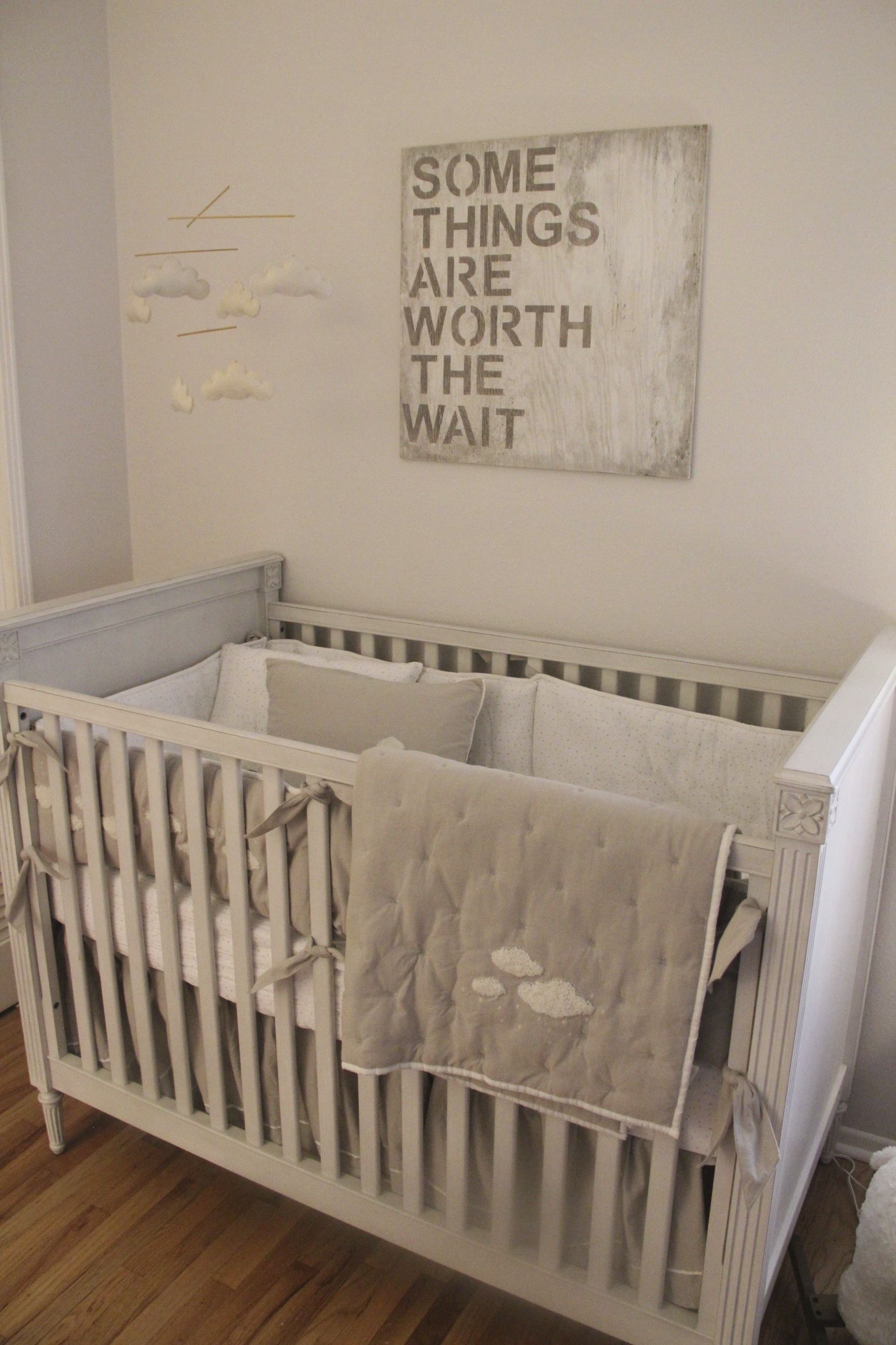 A calm and serene nursery for our little boy inspired by the soft clouds crib bedding. We went with light, airy colors and stayed