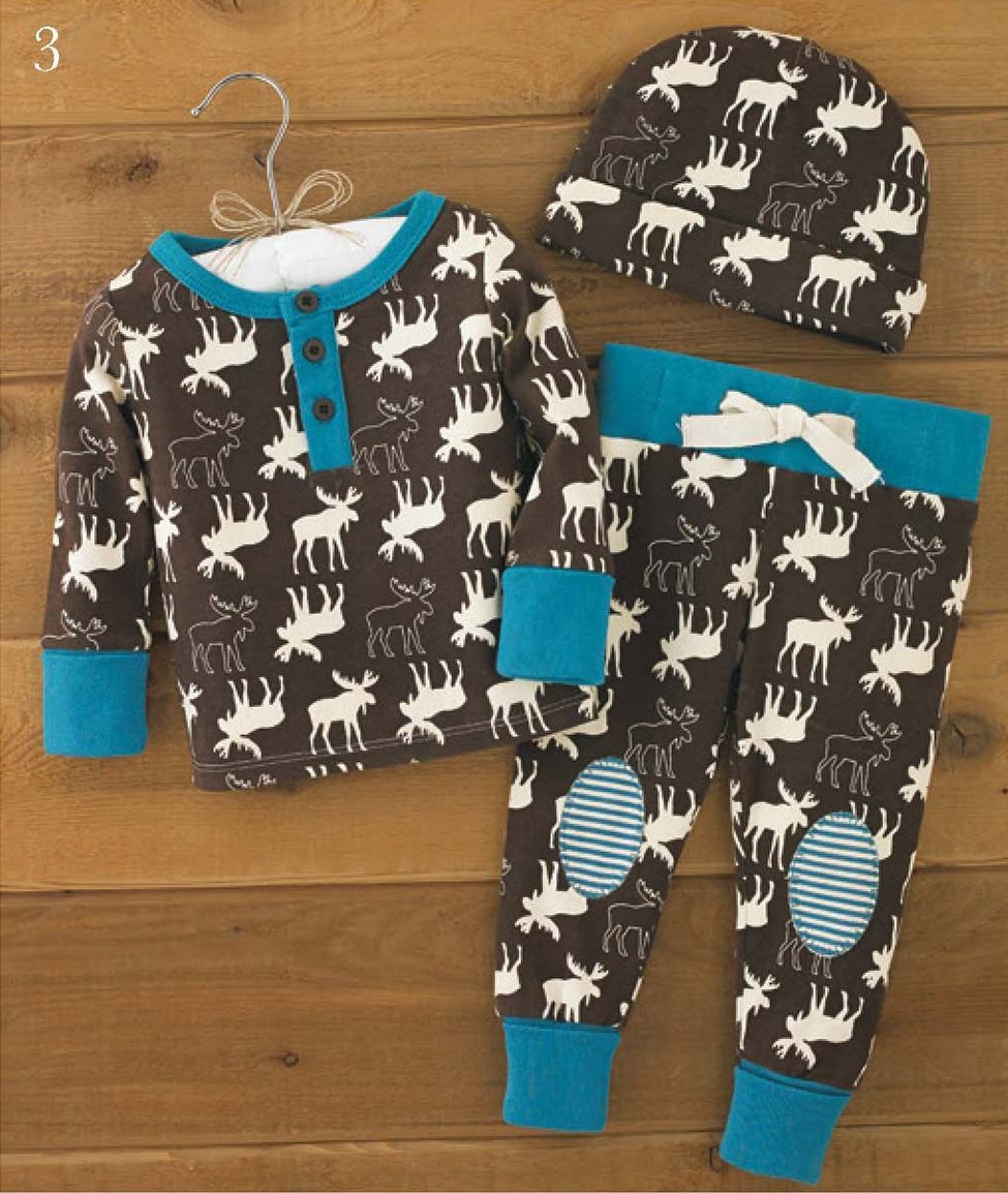 A darling first outfit for baby boy, this newborn 3-piece cotton pajama set features an all-over moose pattern to bring baby into