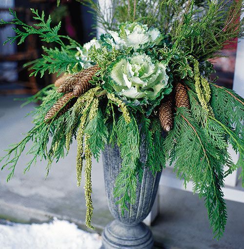 A sleek metal container holds an arrangement of ornamental cabbage, cedar, pine cones, yellow amaranth and Italian pittosporum, a