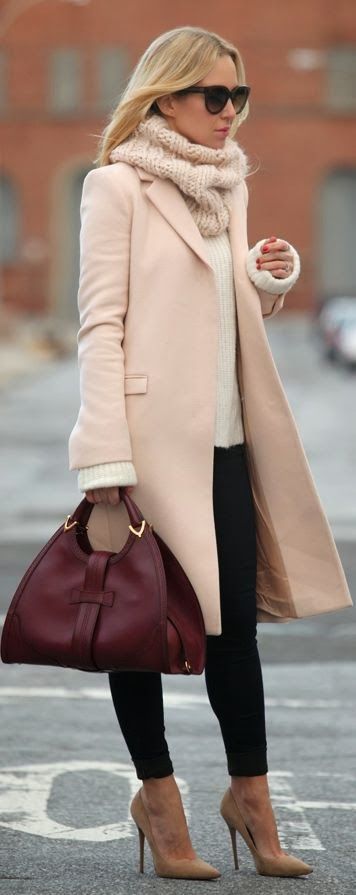 Amazing Fall Outfits 2014. Pretty pink coat and scarf and burgundy handbag