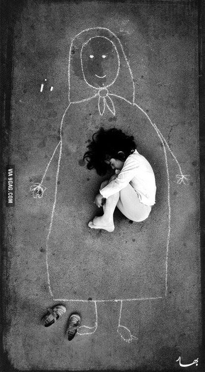An Iraqi girl in an orphanage – missing her mother, so she drew her and fell asleep inside her. Very sad