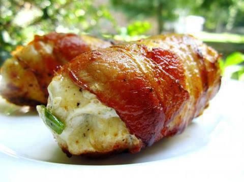 Bacon Wrapped, Cream Cheese Stuffed Chicken Breasts. High protein (29g), low carb (2g), 309 calories, 20g fat. Made with Laughing