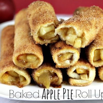 Baked Apple Pie Roll Ups. 10 slices white bread, 1 can apple pie filling, 1/3 C melted butter, 1/2 C sugar, and 1 tsp cinnamon.