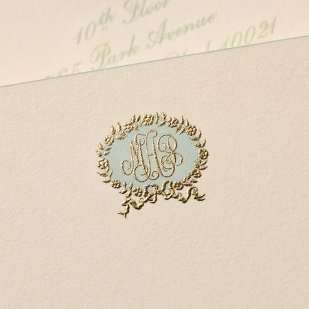 Bespoke Stationery | Ecru Empire Card with Aqua Bevelled Edges and Aqua and Gold Monogram. Not these colors. And not that design.