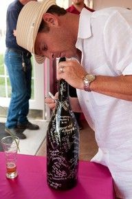 Birthday or anniversary party idea – have a wine bottle guest book. Bring a special bottle to a party with silver and gold