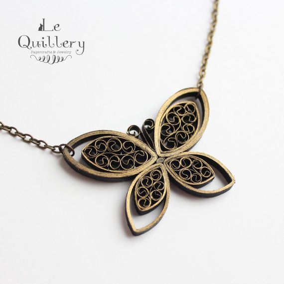 Black and Gold Butterfly Necklace – Handmade Paper Quilling Jewlery by LeQuillery, $17.00