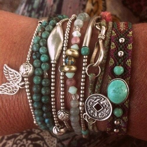 Bohemian style variety of bracelets & necklaces.