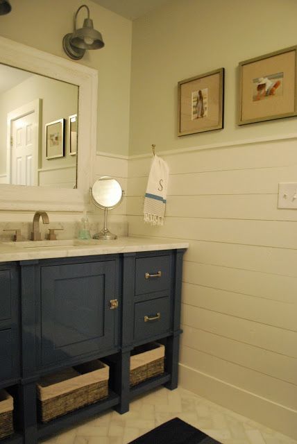 boys bathroom- light fixtures love the vanity with those hinges and horizontal wide beadboard too! Gotta do this!