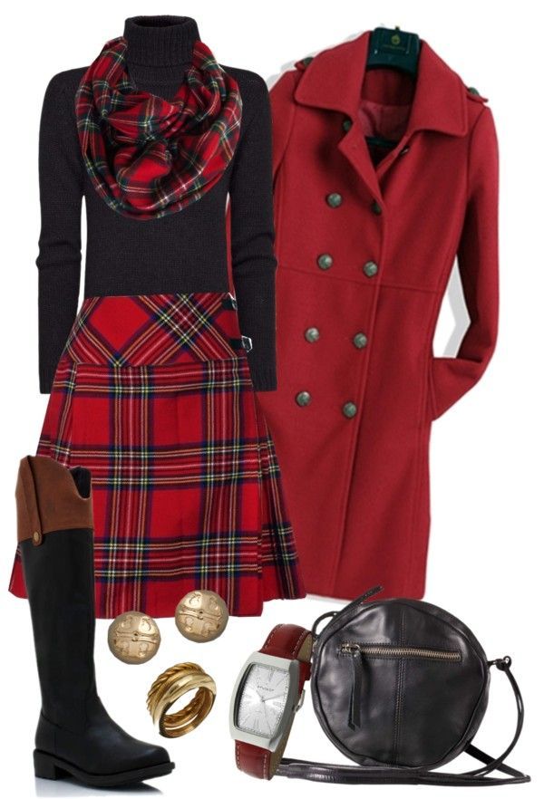 “Chic tartan” by gangdise  liked on Polyvore  – Love the tartan & the red coat!!