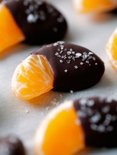 Chocolate-dipped, salted mandarins. Ready in seconds, and so, so good. I make these for every party!