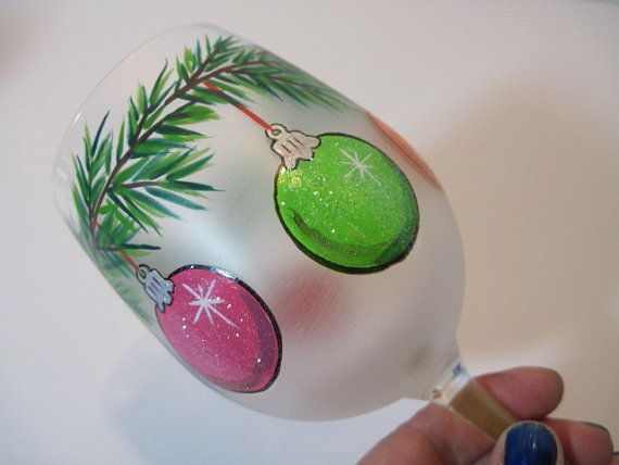 Christmas Ornaments Painted Wine Glass by KudosKitchenByRenee, $33.00