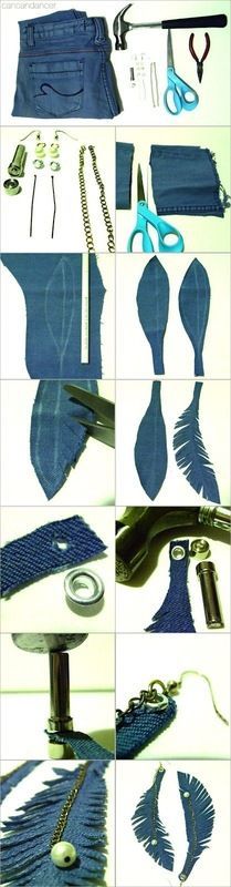 Diy Denim Feather Earrings, maybe with a leather feather behind it? different textures?