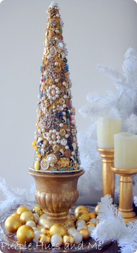 DIY:: Jeweled Christmas Tree – Upcycle jewelry using a painted Styrofoam cone, hot glue, and old jewelry