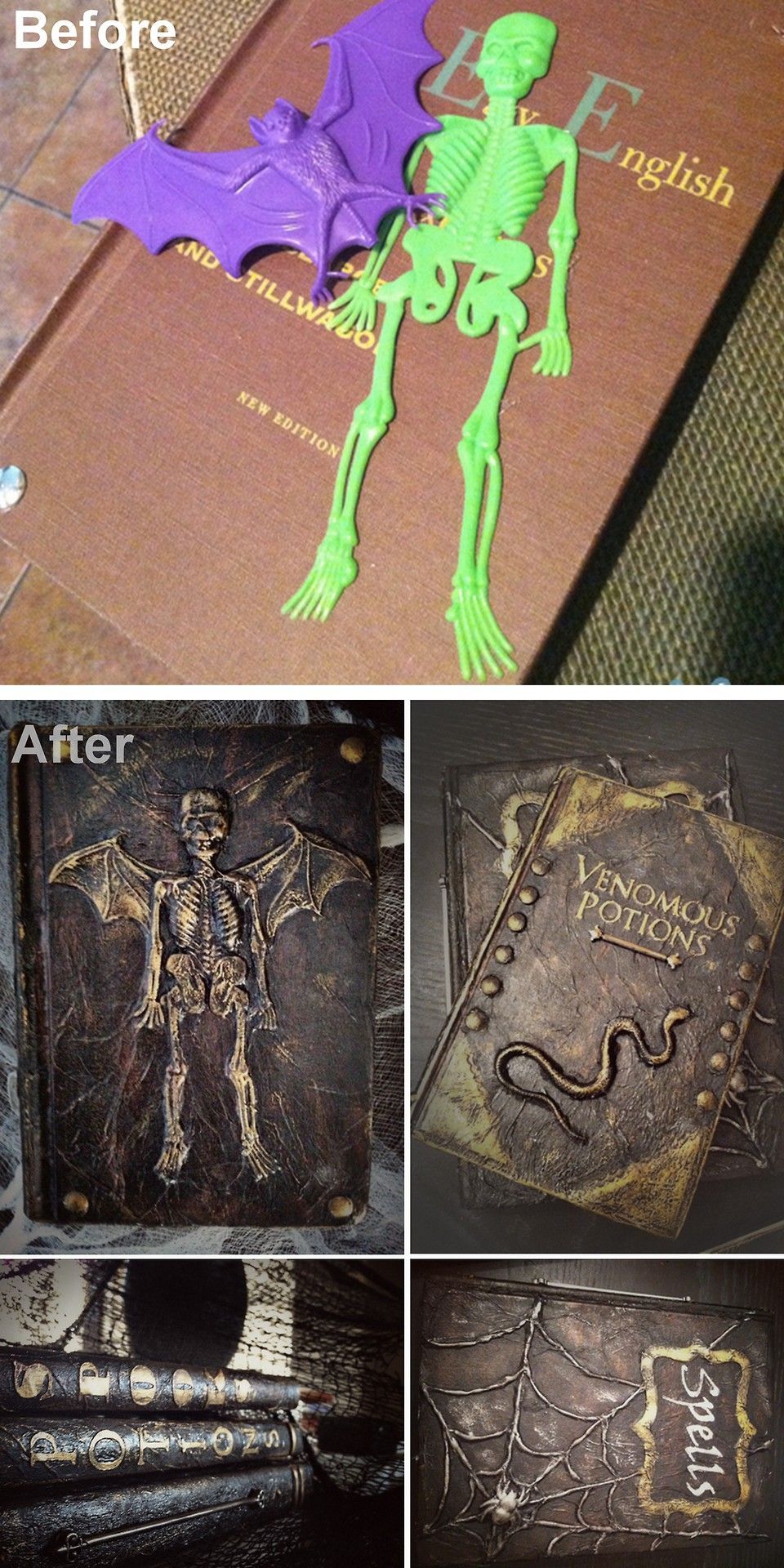 DIY Spell and Potion Book Tutorial from Better After. This is a really good tutorial using plastic toys, a glue gun, cardstock,