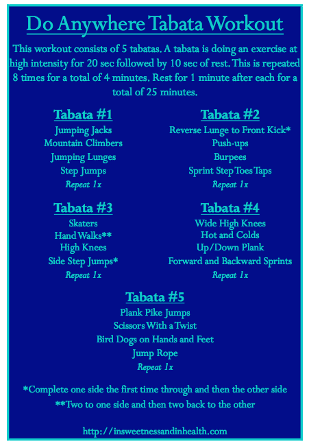 Do Anywhere TABATA workout from In Sweetness and in Health blog