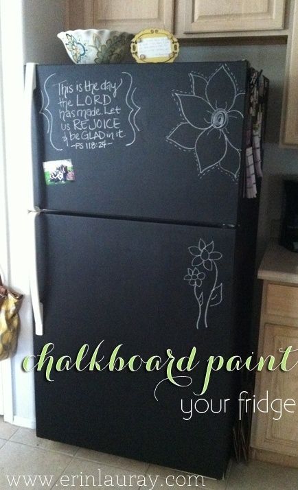 Does your Refrigerator still work well but youre sick of looking at its ugly mug? Chalk Board Paint it to give it a freshy fresh