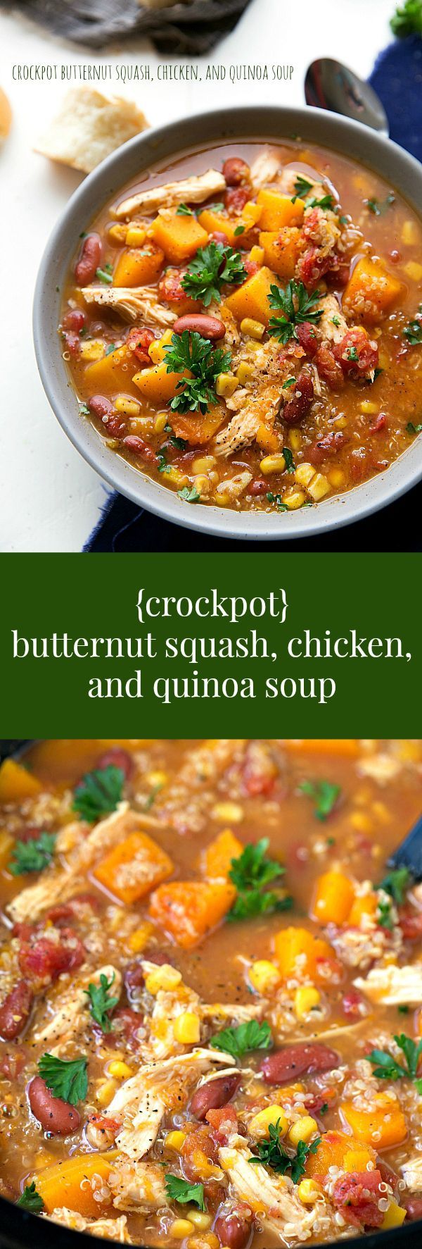 Dump it and forget it!! A super simple slow cooker butternut squash, chicken, and quinoa soup. The crockpot does all the work!