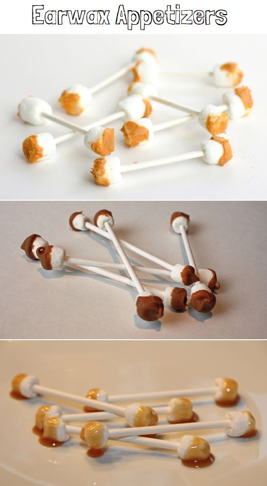 Earwax Halloween Treats using marshmallows, lollipop sticks, and caramel or melted butterscotch. Yucky yumminess!