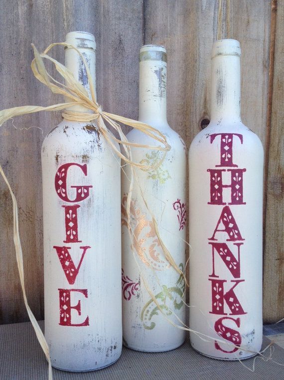 Fall Decor Painted Wine Bottles Set of Four