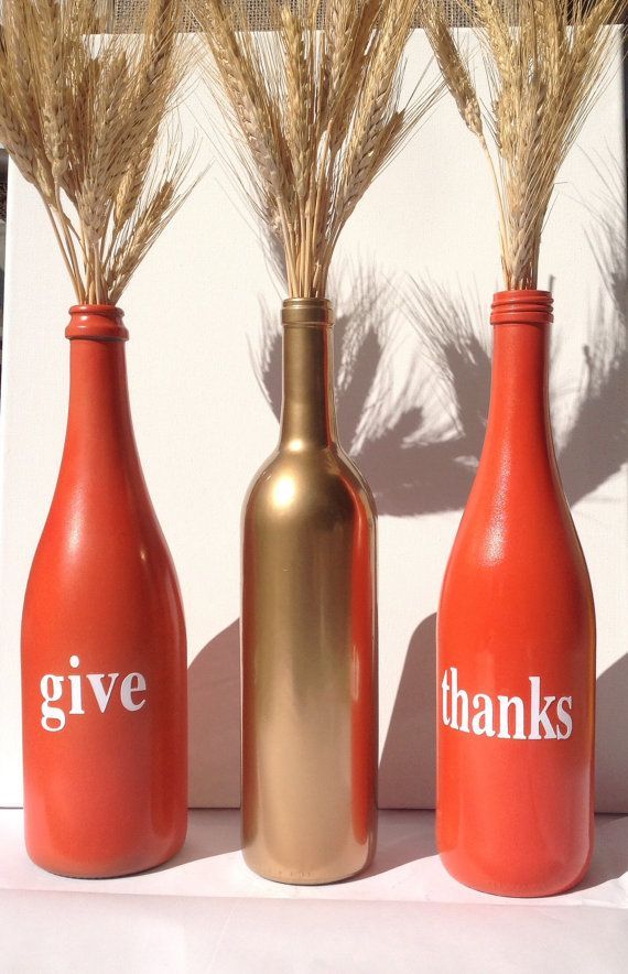 Fall decoration, thanksgiving decor, fall, Give Thanks painted wine bottles. Great fall decor by SEVENTHandJ, $16.00