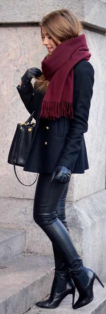 Fall fashion | Burgundy scarf with leather pants and boots