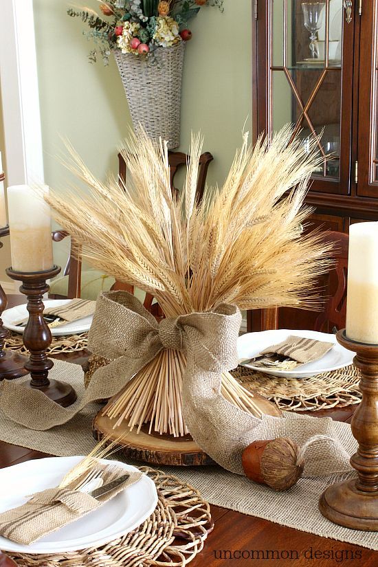 Fall wheat centerpiece with burlap ribbon! by @Trish & Bonnie { Uncommon Designs }
