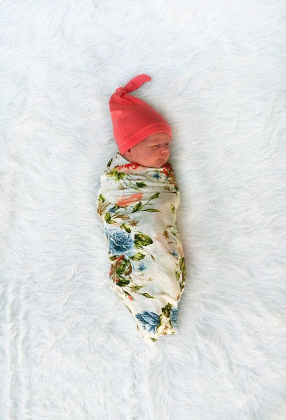 Floral Swaddling Blanket and Matching Knot Hat by brambleandbough