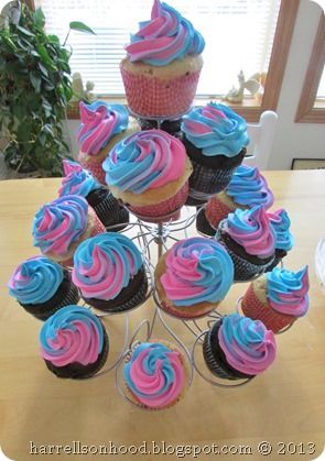 gender reveal party idea, pink and blue cupcakes– could do this for a fair themed party it looks like cotton candy