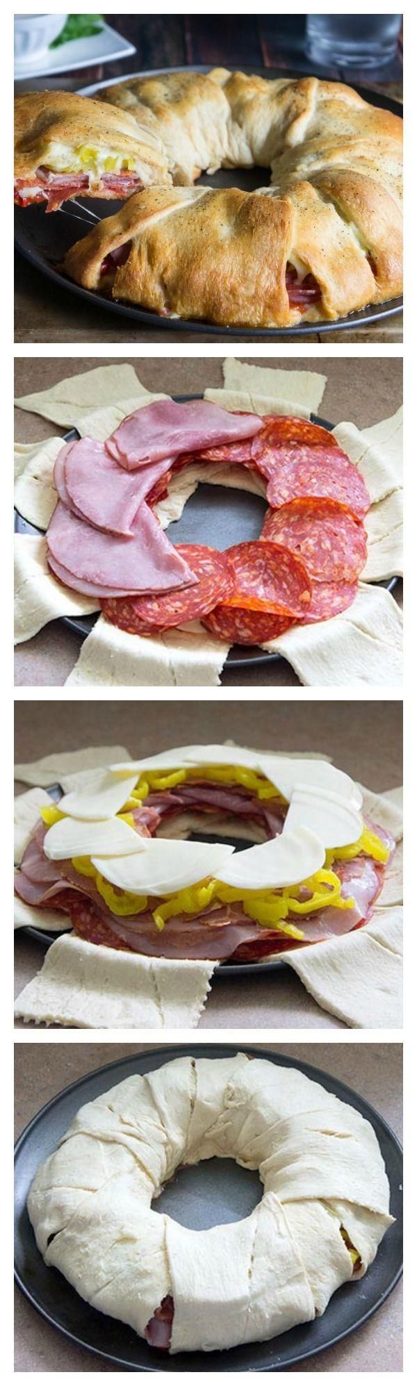 Genius: a sandwich ring! Use cold cuts (salami, ham, whatever), hot peppers, cheese, wrap up in savoury pastry (ex. pillsbury