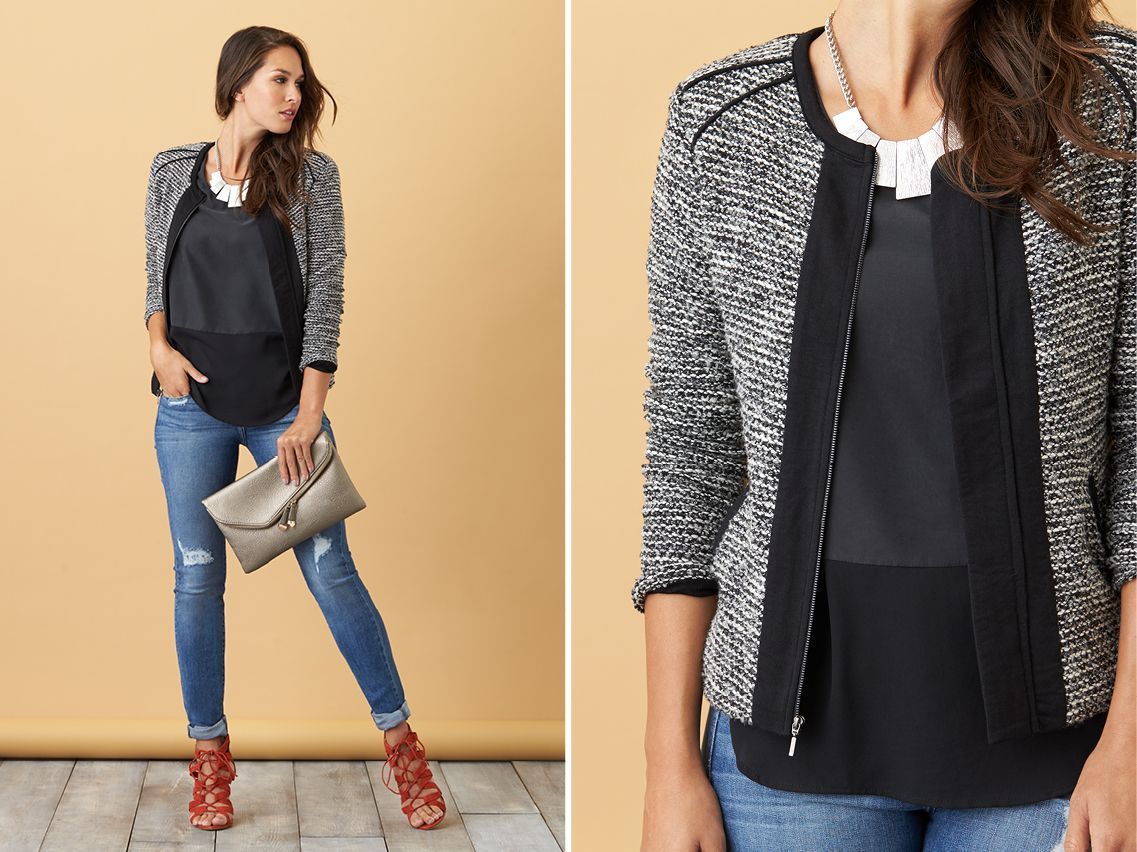 Get right for girls’ night in distressed denim and caged pumps. Add an element of surprise with texture—like tweed! It’s a