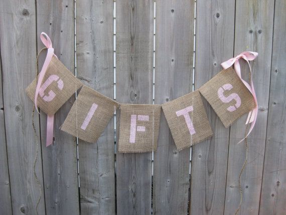 GIFTS PASTEL PINK Burlap Wedding Banner / Photo Prop – Shabby Chic Wedding Reception Decor. Birthday party / Girls Baby Shower